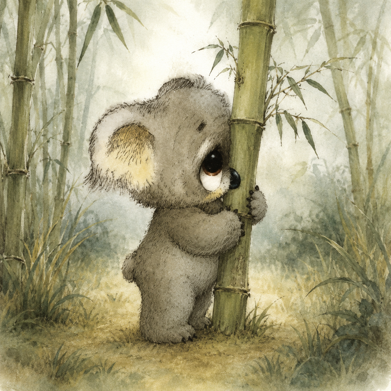 Kobumi hugging a bamboo stalk