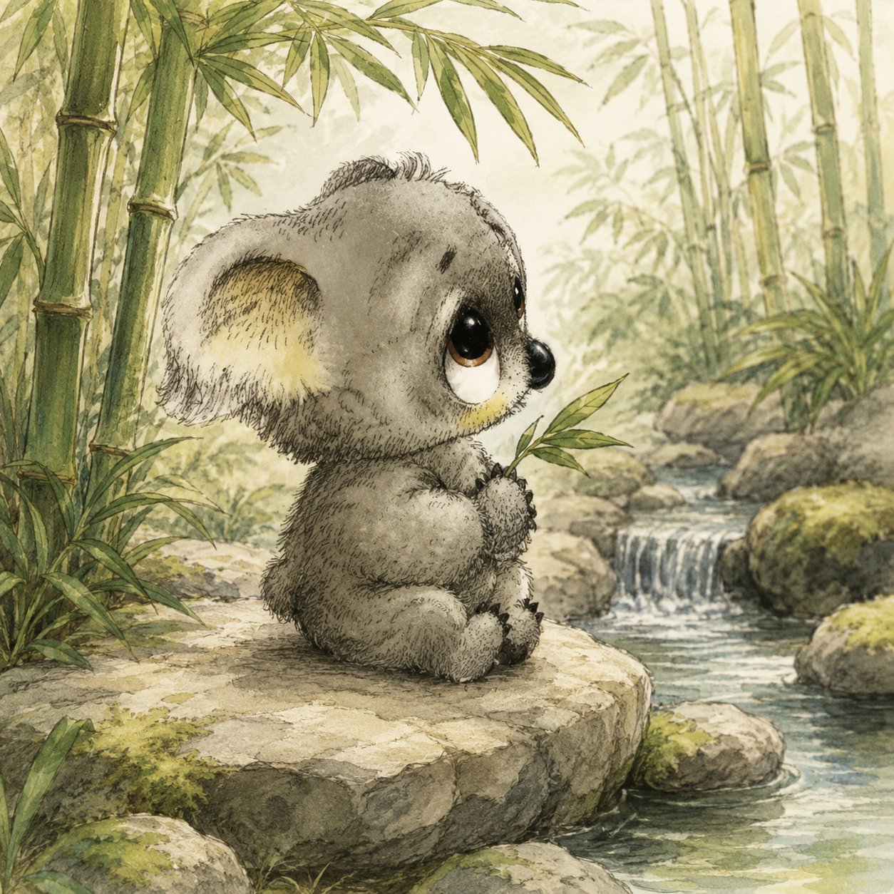 Kobumi holding leaves beside a bamboo stream
